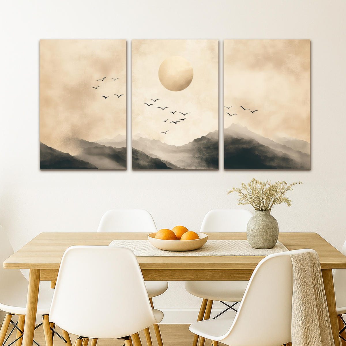 LEINWANDBILD 3er Set Landschaft - Japandi - Beige - Vögel 120x60 cm - Beige, Textil (120/60cm) - MuchoWow