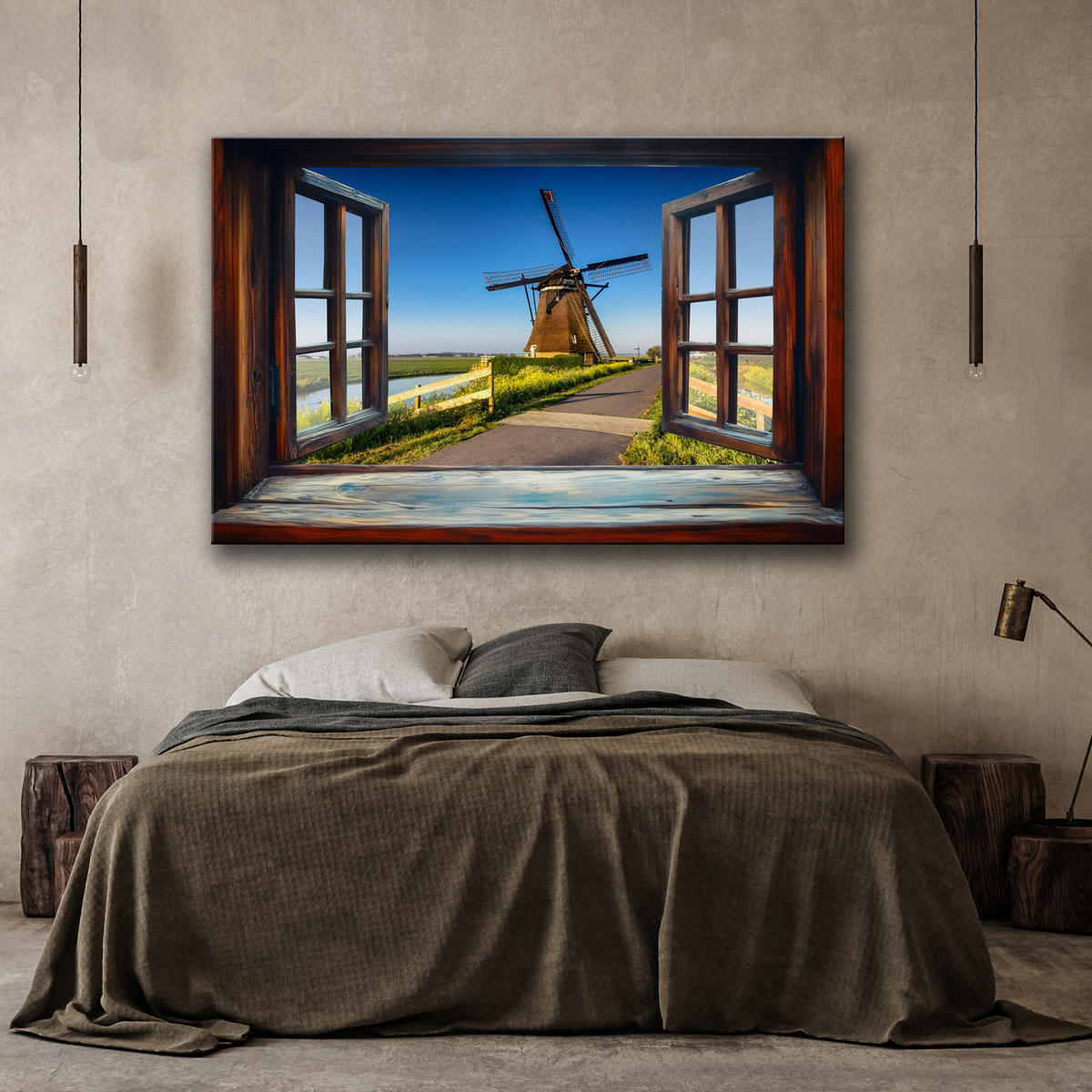 WANDBILD fensterblick windmühle naturlandschaft - Braun, Textil (60/40cm) - Feeby