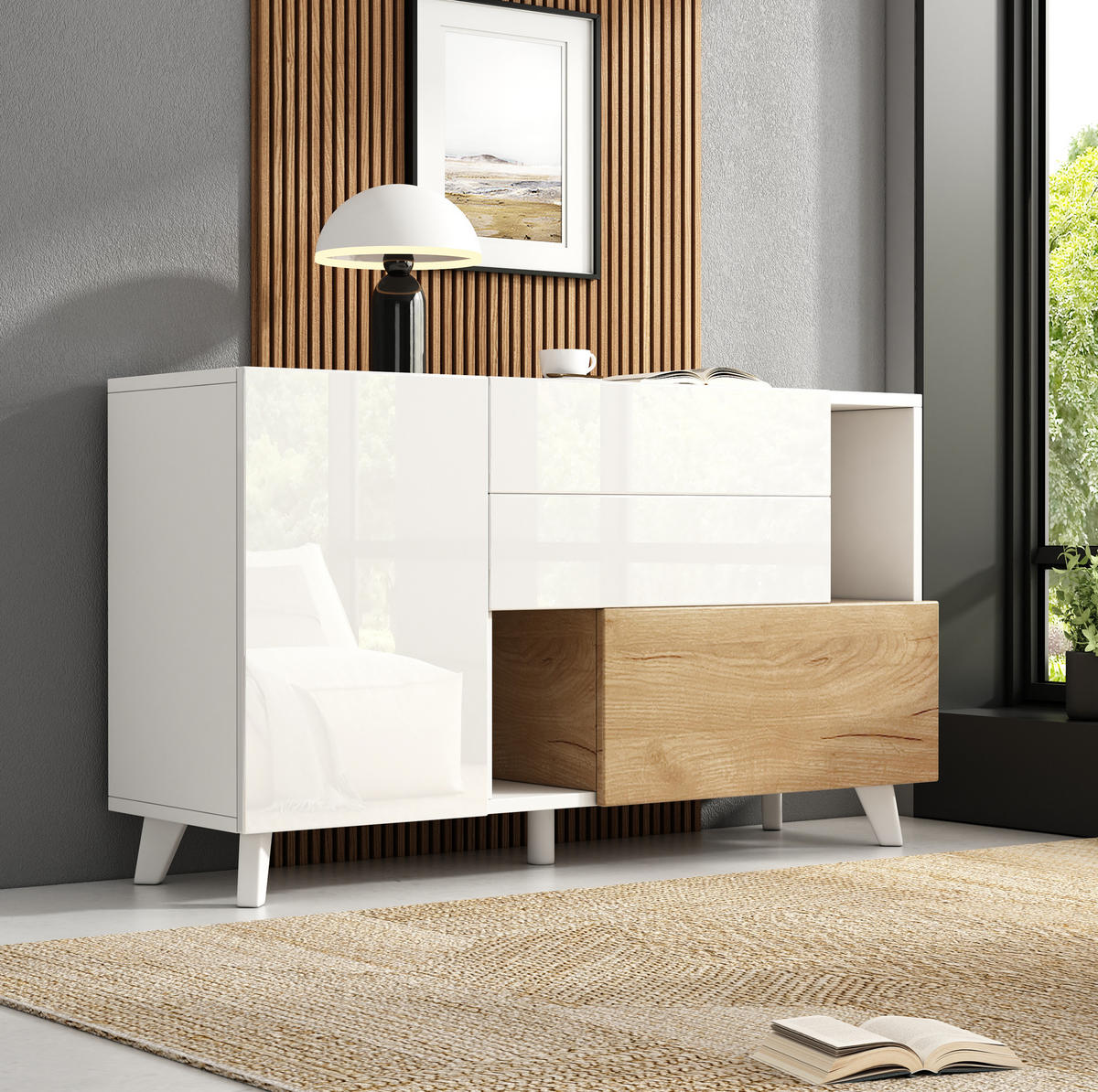 SIDEBOARD 130/40/70 cm Weiß/Eichefarben aus Spanplatte mit Stauraum - Weiß, Holzwerkstoff (40/70/130cm) - OKMYHOME