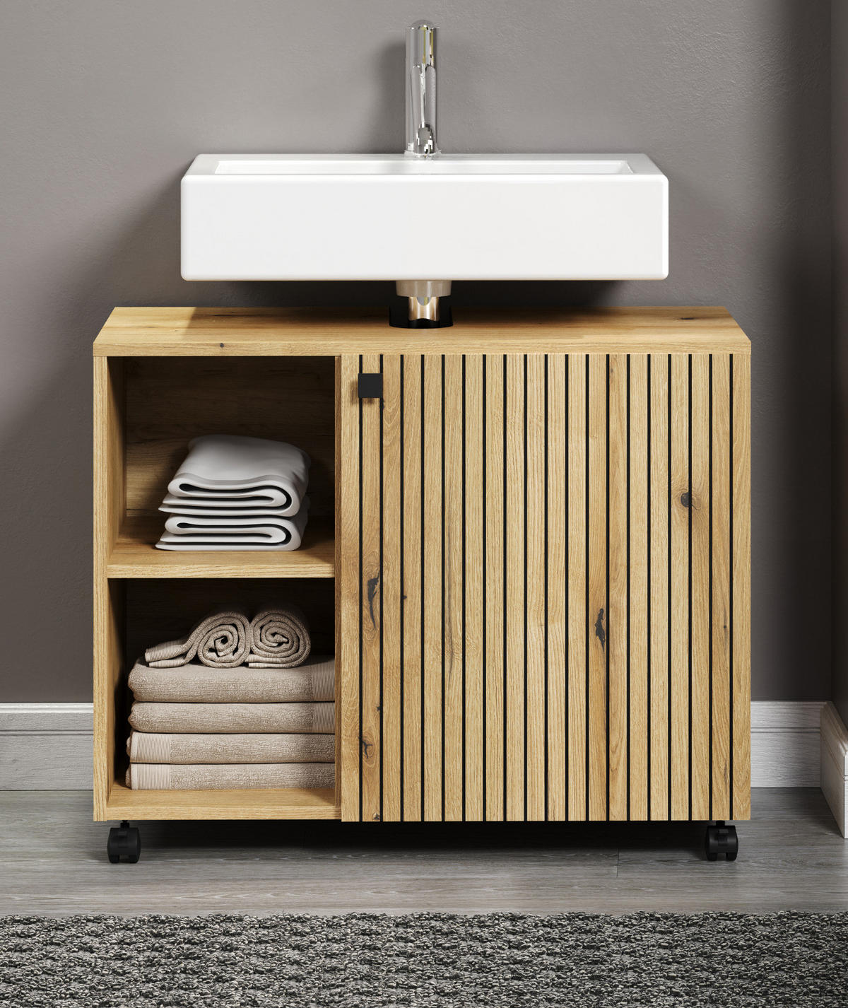 WASCHBECKENUNTERSCHRANK Evoke Eiche 80 cm, Badschrank auf Rollen - Eichefarben/Schwarz, Holzwerkstoff/Kunststoff (80/64/42cm) - Top.Furn
