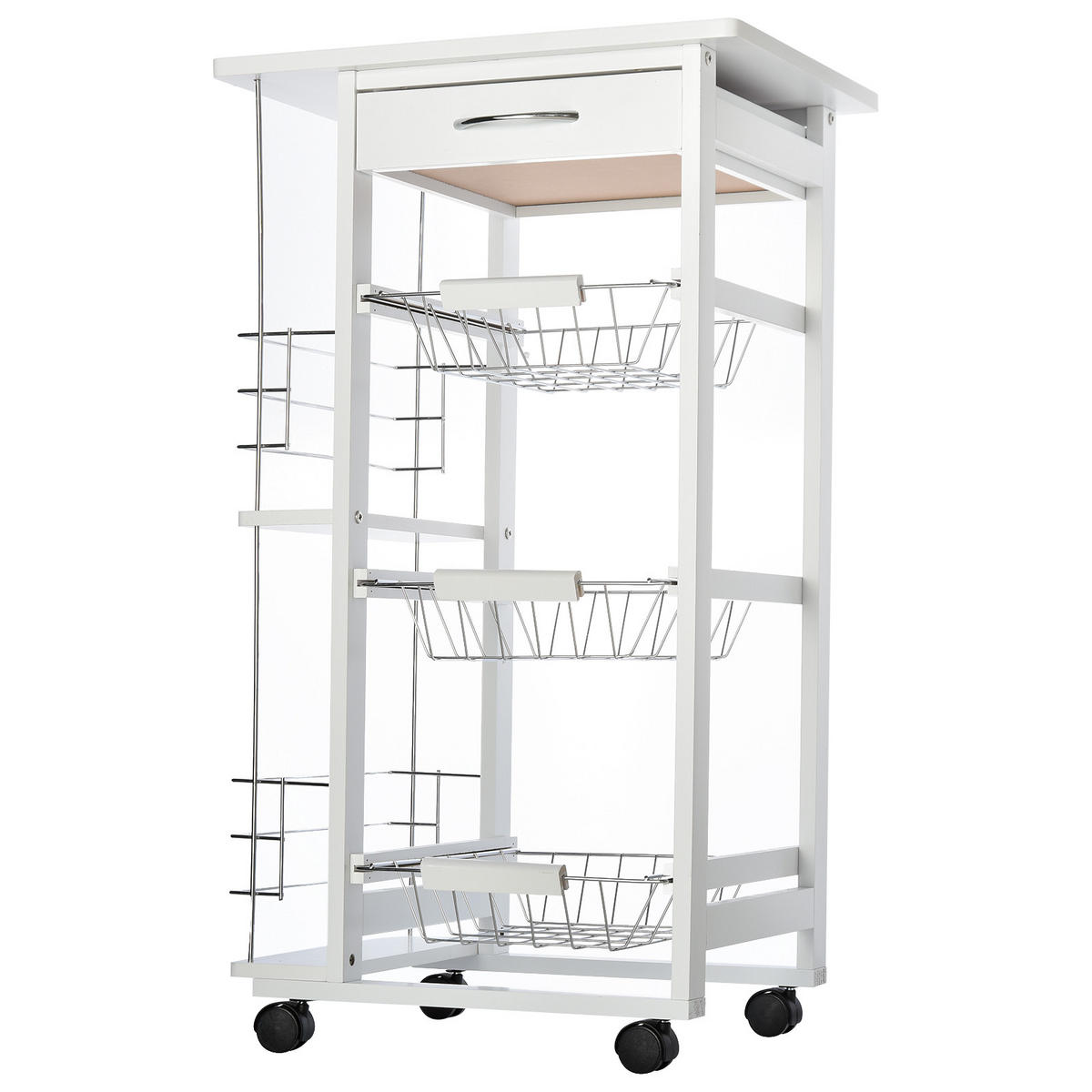 SERVIERWAGEN DE-17093 3 Metallkörbe, Schublade & 2 Flaschenhalter Weiß - Weiß, Holzwerkstoff (37/83/47cm) - ComfortXL