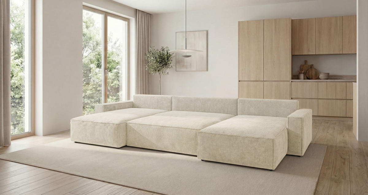 WOHNLANDSCHAFT VIENNA U-Form weiß Cord Poso 100 - Schlaffunktion, Bettkasten - Weiß, Textil (385/86/185cm) - Cornero