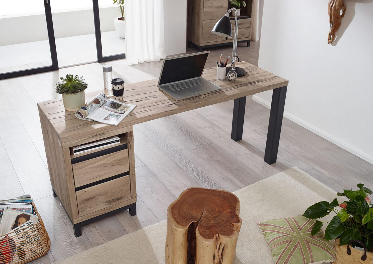 SCHREIBTISCH Wildeiche 220x55x76 bianco geölt VILLANDERS #242 - Beige, Holz (55/220/76cm) - Massivmoebel24