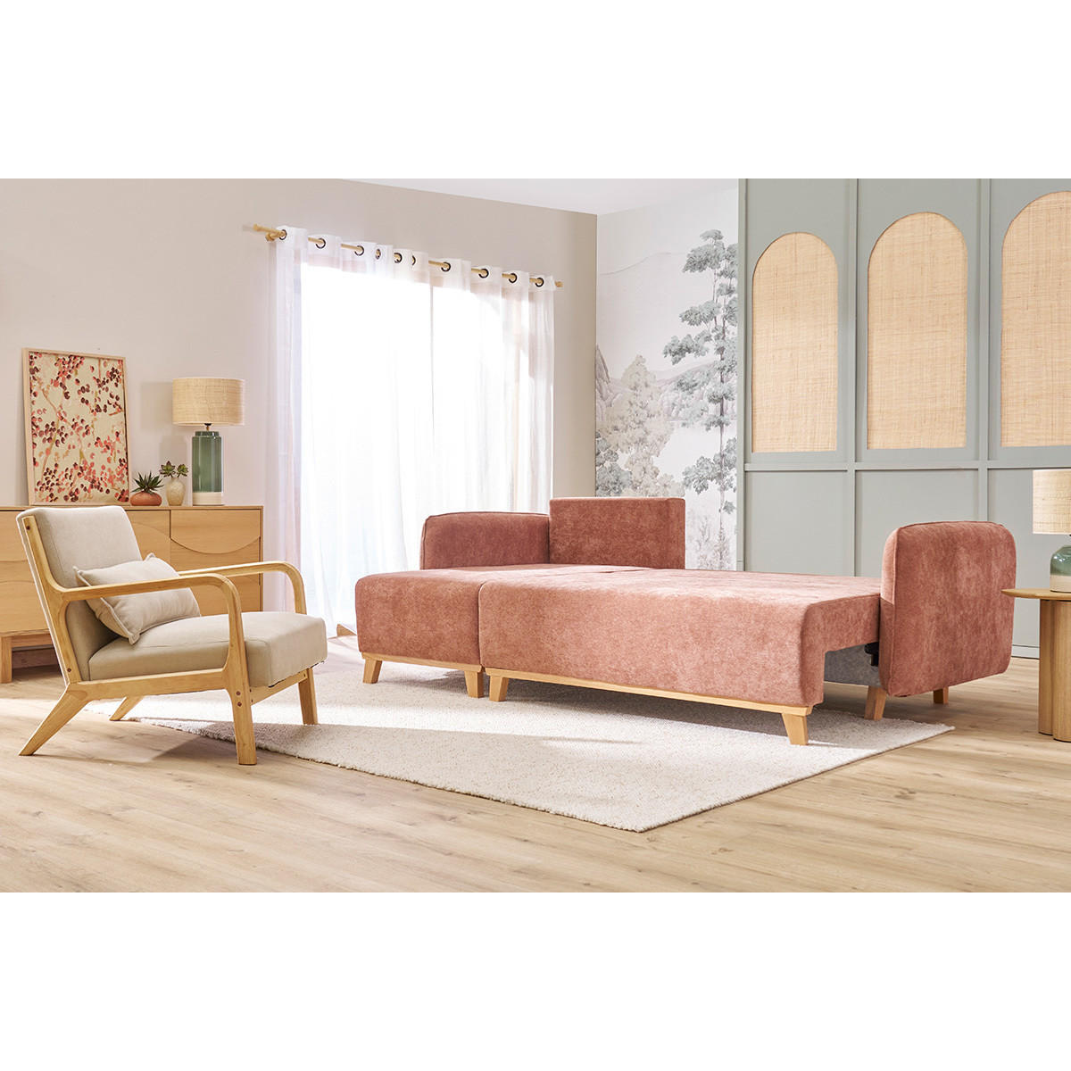 SCHLAF-ECKSOFA Terracottafarbener Stoff Velours-Effekt Helles Holz 3-4 Sitzer ROMANE - Terracotta, Textil (148/231cm) - Miliboo