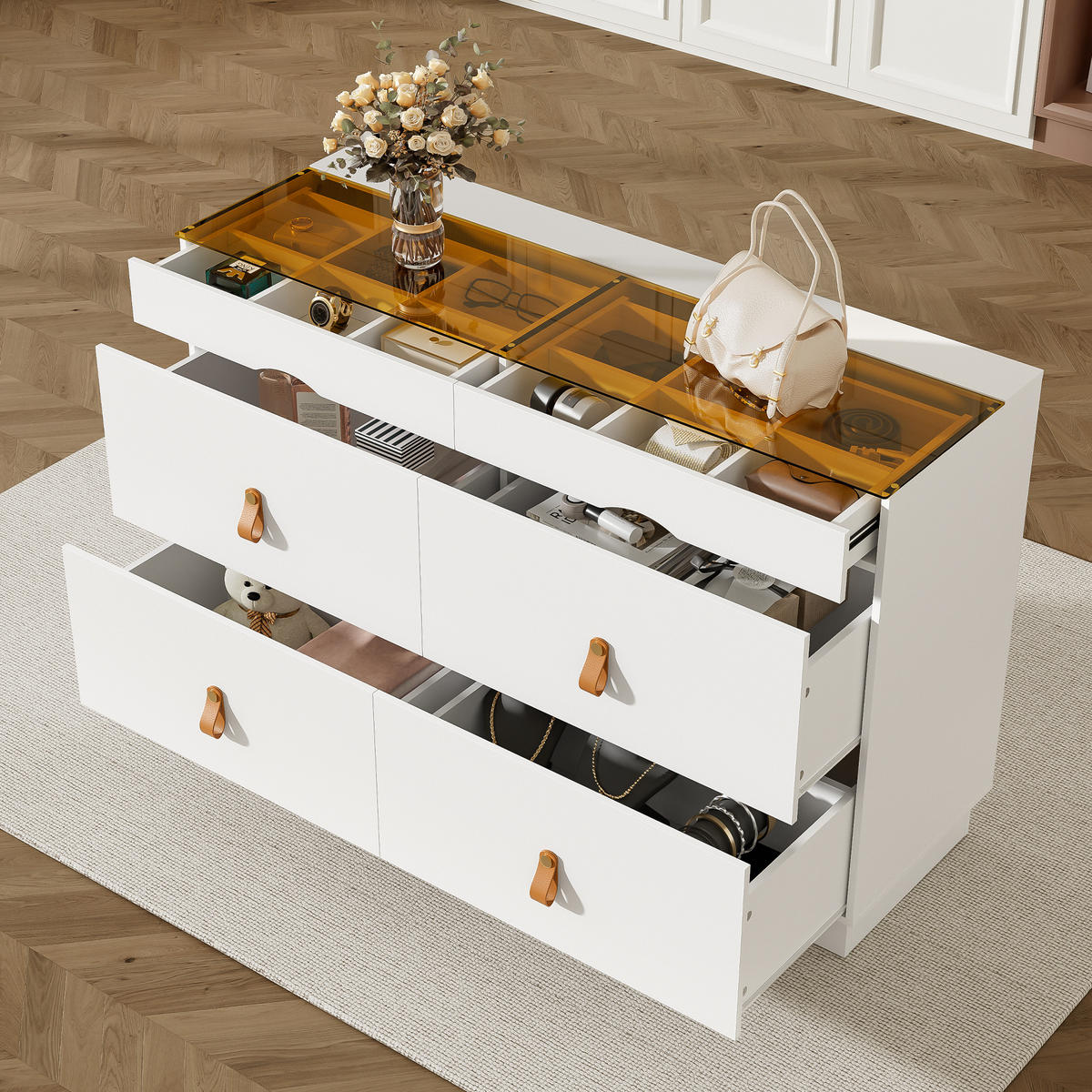 KUCHYŇSKÁ SKŘÍŇ v bílé barvě se 6 zásuvkami, do ložnice a obytných prostor, 120 × 40 × 78 cm - bílá, kov/kompozitní dřevo (120/78/40cm) - STILVORA