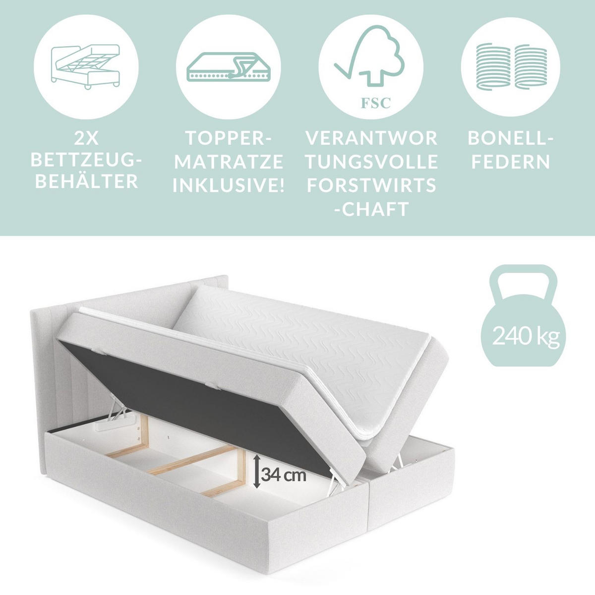 BOXBETT Mallo Hellgrau 200/200 cm mit Matratze und Topper - Hellgrau/Schwarz, Holz/Holzwerkstoff (200/200cm) - Maison de Reve