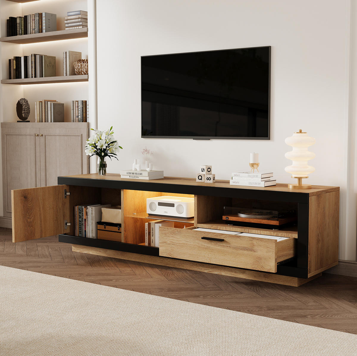 TV-LOWBOARD mit LED-Beleuchtung 160 cm Schwarz/Eiche - Schwarz, Holzwerkstoff (40/50/160cm) - Beauniv