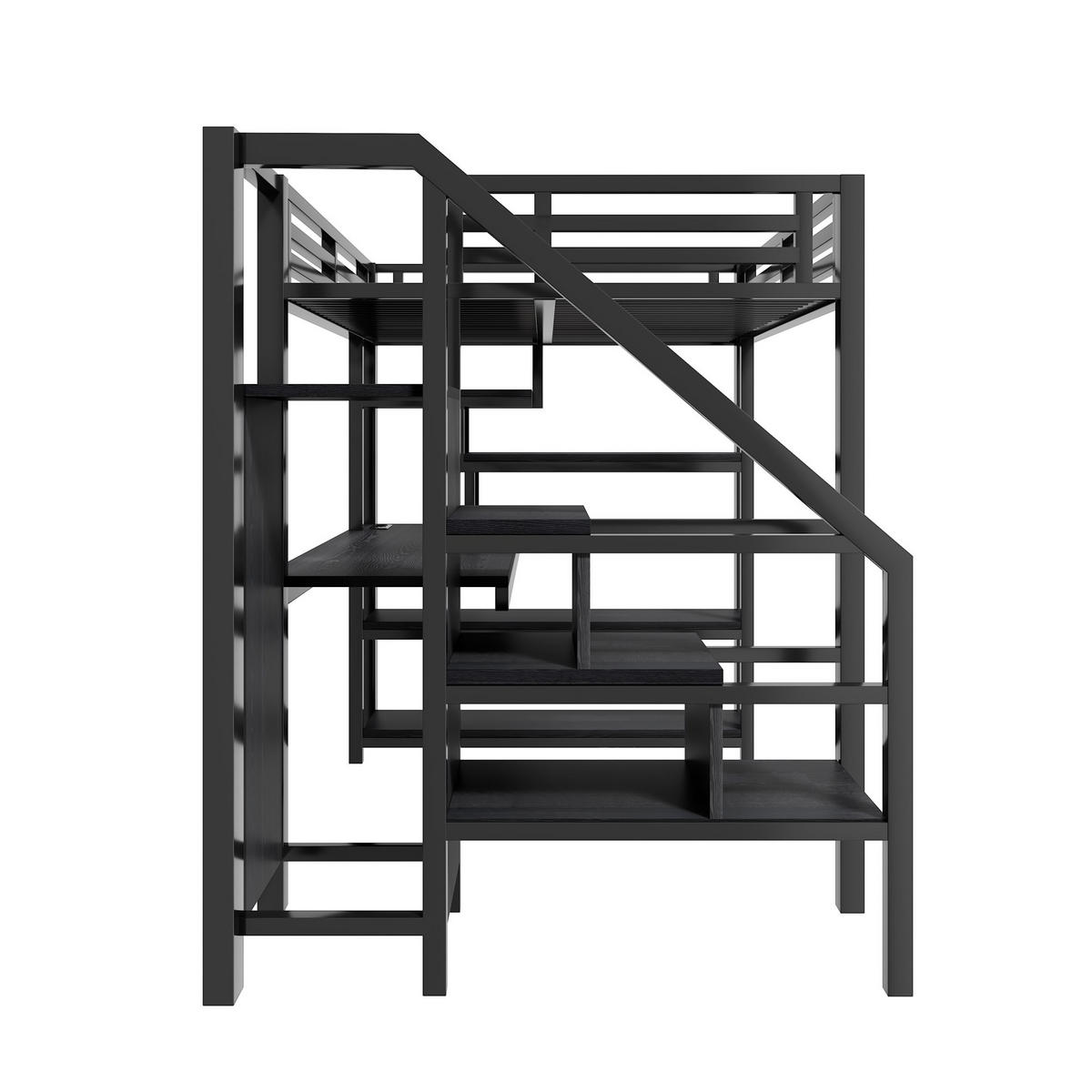 HOCHBETT aus Metall und MDF 140x200 cm Schwarz mit Treppe, Schreibtisch, Kleiderschrank, LED und USB-Ladestation - Schwarz, Holzwerkstoff (90/200cm) - Modfu