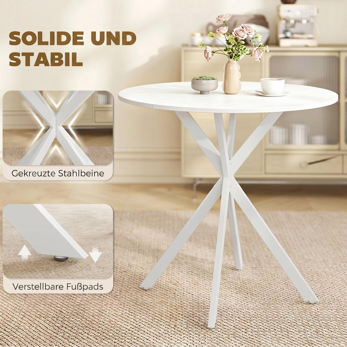 ESSTISCH, Runder Küchentisch für 2 Personen im Industriestil mit Stahlbeinen - Weiß, Holzwerkstoff (80/80/75cm) - HOMCOM