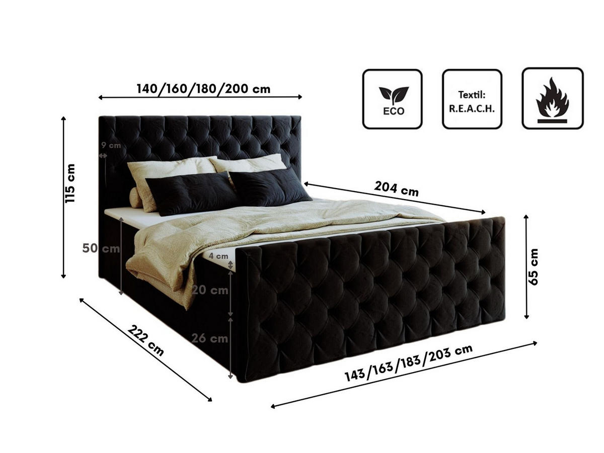 KONTINENTALBETT Mars Mit Bettkasten Stoff Riviera Schwarz 180x200 cm - Schwarz, Holz (180/200cm) - Kaiser Möbel