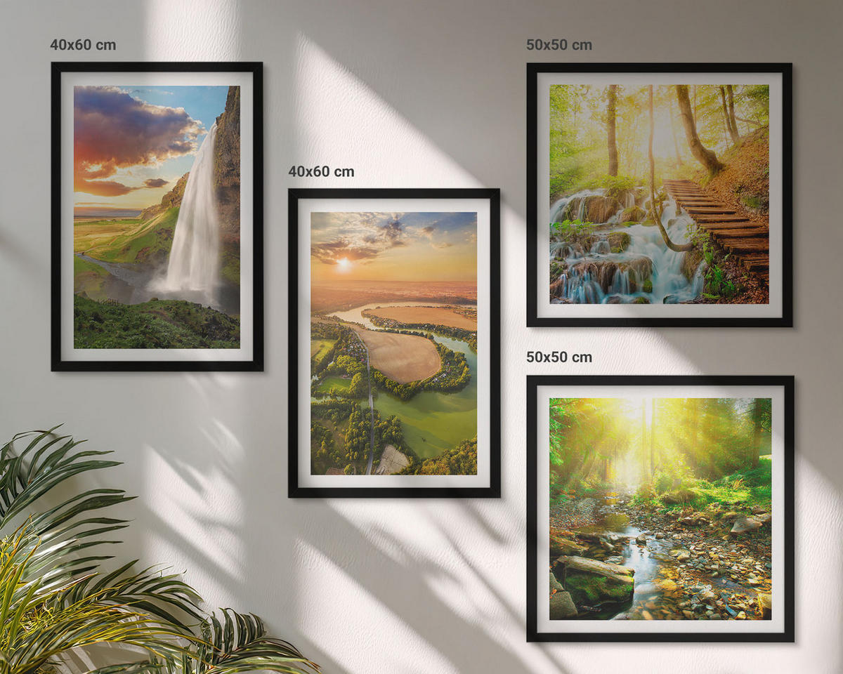 WANDBILDER 4er-Set - 50x50 cm & 40x60 cm Schwarzer Rahmen - Orange Mountain Wasserfall - Schwarz, Kunststoff (50/50cm) - ArtPrintCave