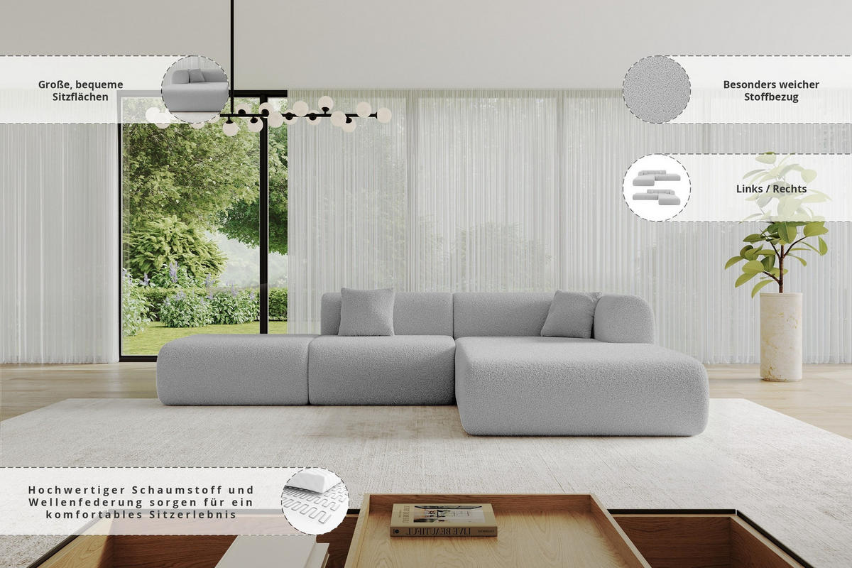 ECKSOFA Ottomane Rechts OVLY-L 289x176x71 Hellgrau Bouclé - Silberfarben/Hellgrau, Holzwerkstoff/Kunststoff (289/176cm) - ALTDECOR