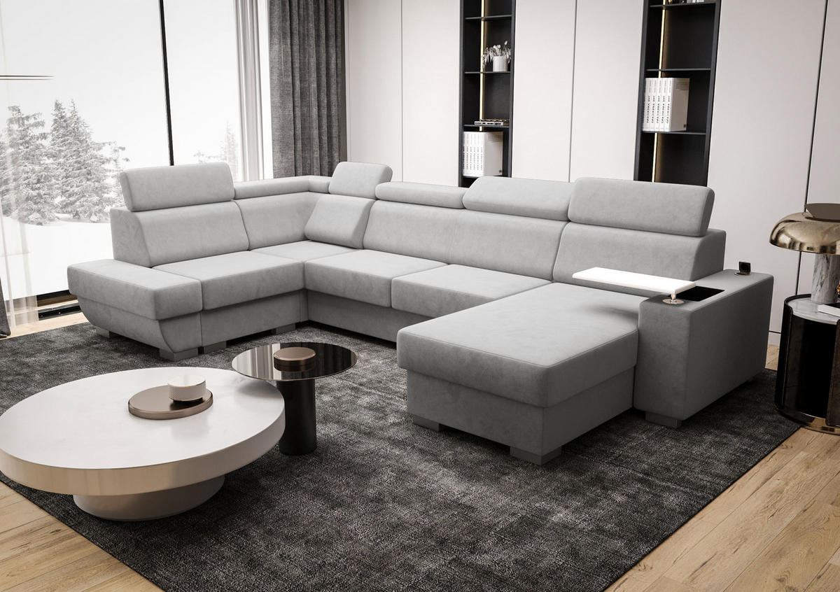 WOHNLANDSCHAFT KONGO RBN20, Eckcouch in U-Form mit Schlaffunktion, Farbe: Grau, Velourstoff, Ottomane Rechts - Grau, Textil (340/103/200cm) - O-Sofa