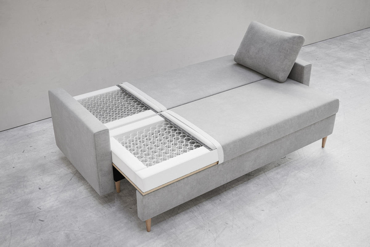 SCHLAFSOFA 215 cm Scandi, 3-seater, Bettkasten, Beine, Hellgrau - Hellgrau, Holz (215/94/90cm) - Emporius