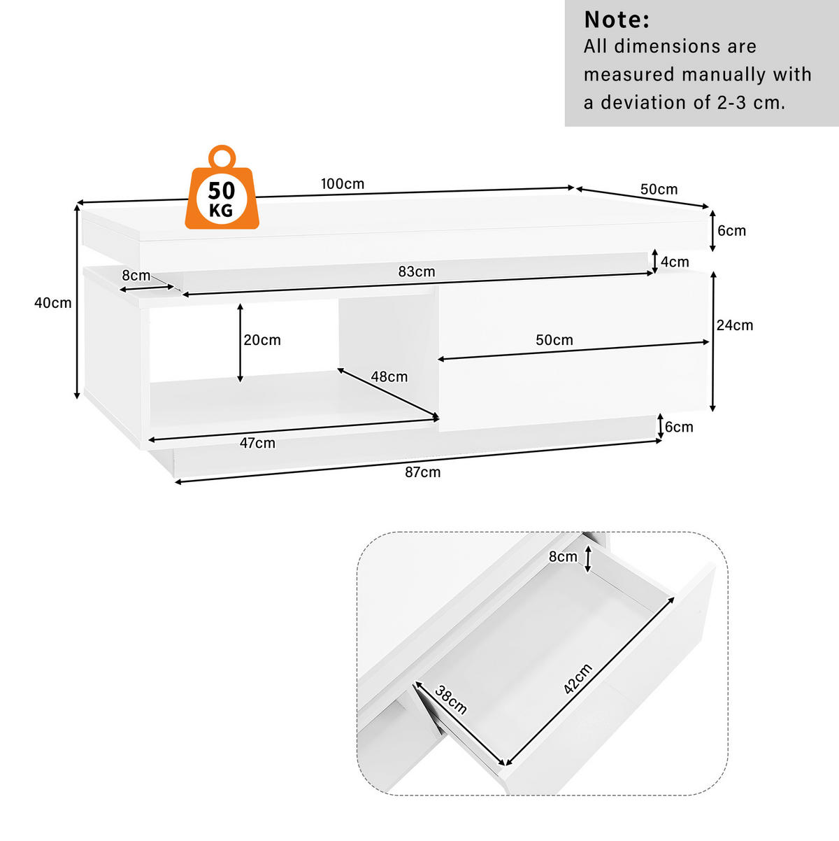 COUCHTISCH 100/50/40.3 cm in Weiß aus Spanplatte mit LED-Beleuchtung und Schublade - Weiß, Holzwerkstoff (100/50/40cm) - OKMYHOME