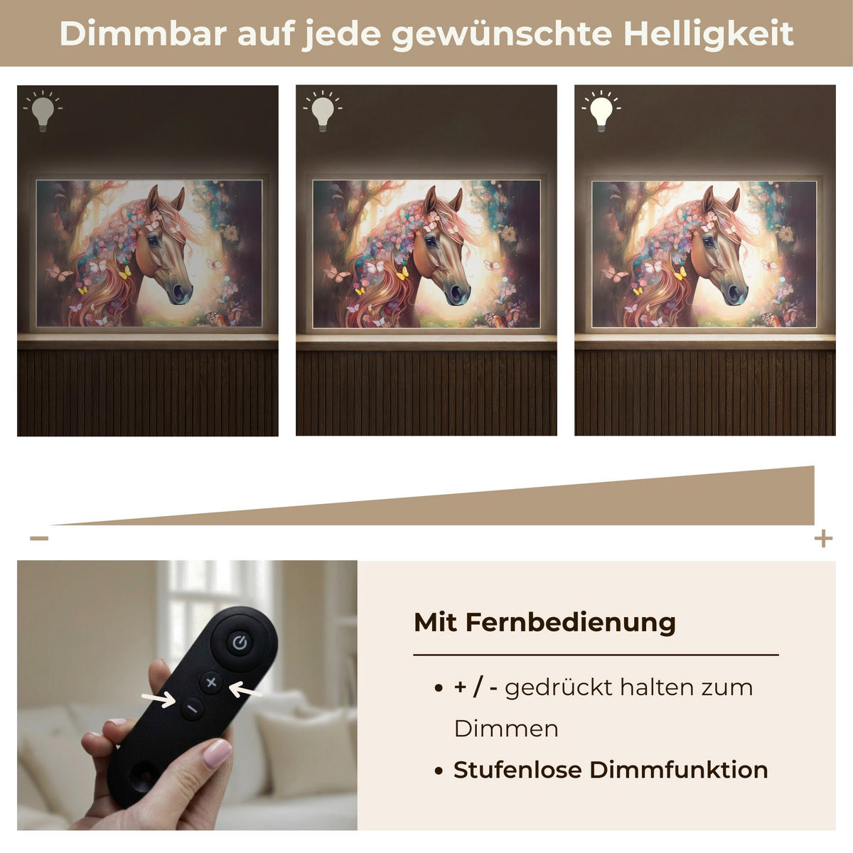 NACHTTISCHLAMPE MIT AKKU Pferd - Natur - Blumen - Schmetterlinge - Wald 60x40 cm - Dunkelbraun, Holzwerkstoff (8/60/40cm) - OnlyWow