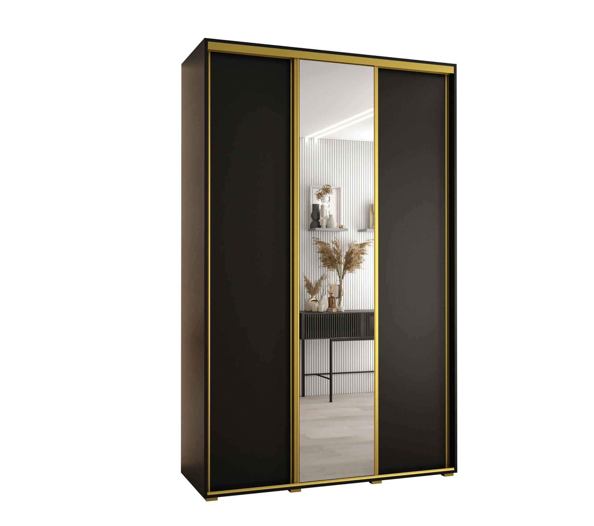 Abiks Möbel Schwebetürenschrank Schwarz, Schwarz, Gold 160x235x45 cm