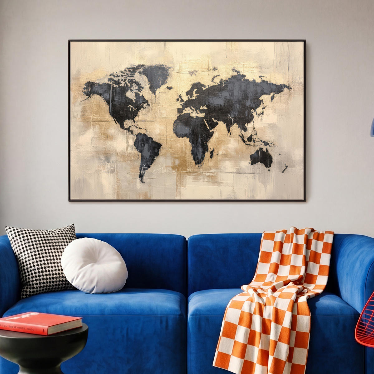 LEINWAND Bilder mit Rahmen - Weltkarte - Gold - Schwarz - Abstrakt - 90x60 - Kupferfarben, Textil (90/60cm) - MuchoWow