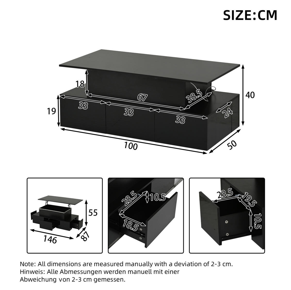 COUCHTISCH 100/50/40 cm mit Liftfunktion, LED, 4 Schubladen und verstecktem Stauraum, Schwarz - Eichefarben, Holzwerkstoff (100/50/40cm) - Modfu