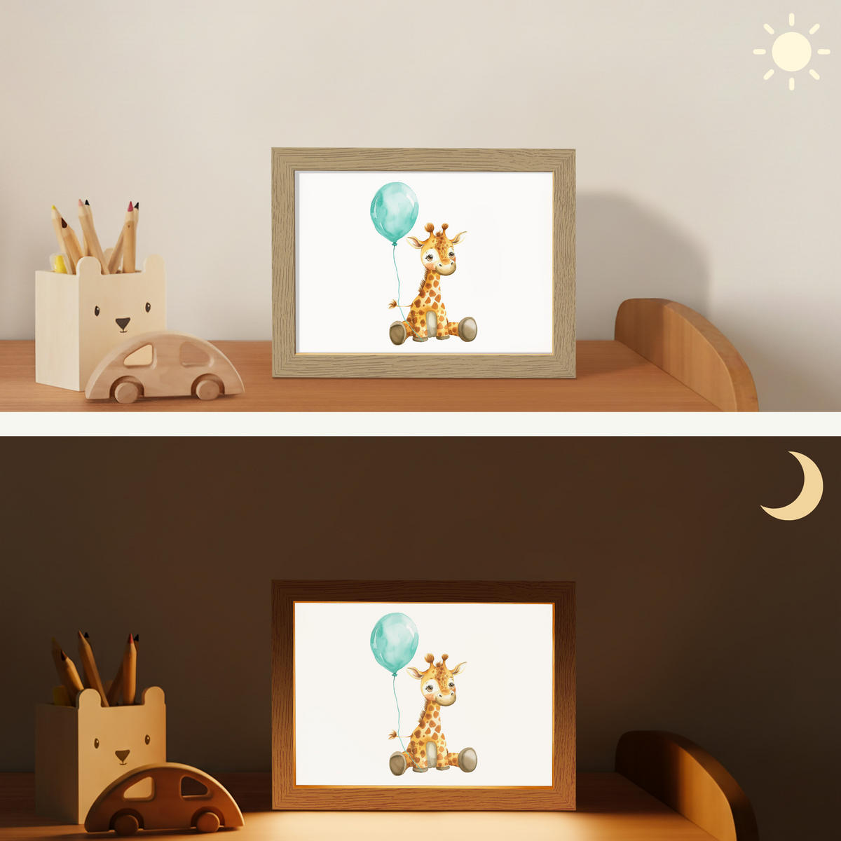 NACHTTISCHLAMPE Giraffe - Baby - Tiere - Blauer Ballon 20x15 cm - Weiß, Holzwerkstoff (8/20/15cm)