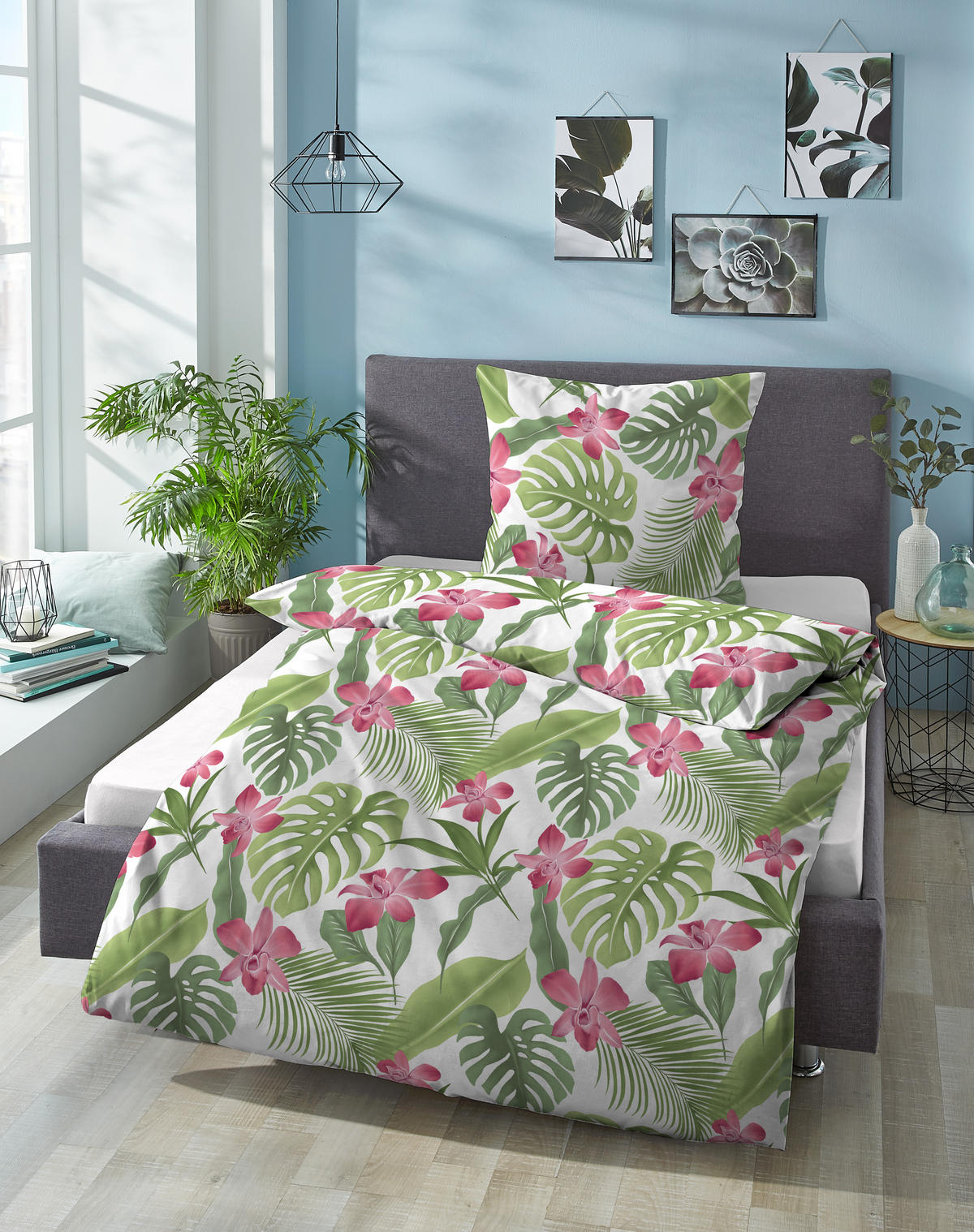 BETTWÄSCHE-GARNITUR Seersucker Tropenblätter rubin, 135x200 cm + 80x80 cm - Dunkelrot, Textil (135/200cm) - Castell