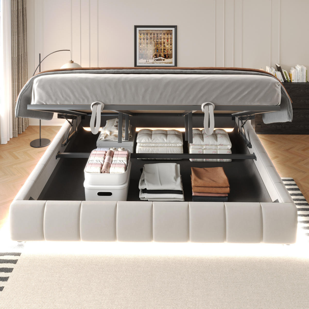 POLSTERBETT aus Samt 180x200 cm Beige mit Bettkasten, LED-Leiste und Metallrahmen - Beige, Textil (180/200cm) - IVMEU