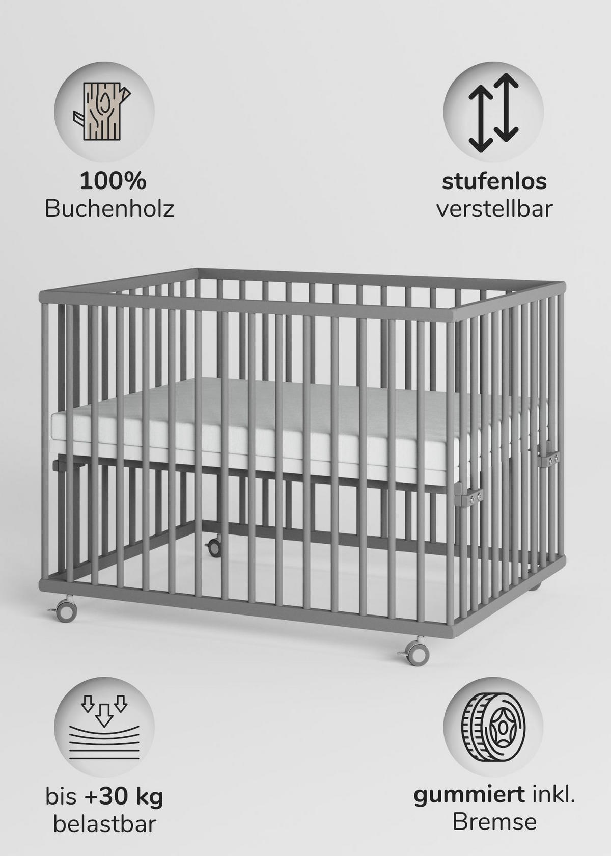 LAUFGITTER 75x100 cm mit Matratze SleepPlus - grau - Premium Kollektion - Grau, Holz (100/74/75cm) - Sämann – make a difference.