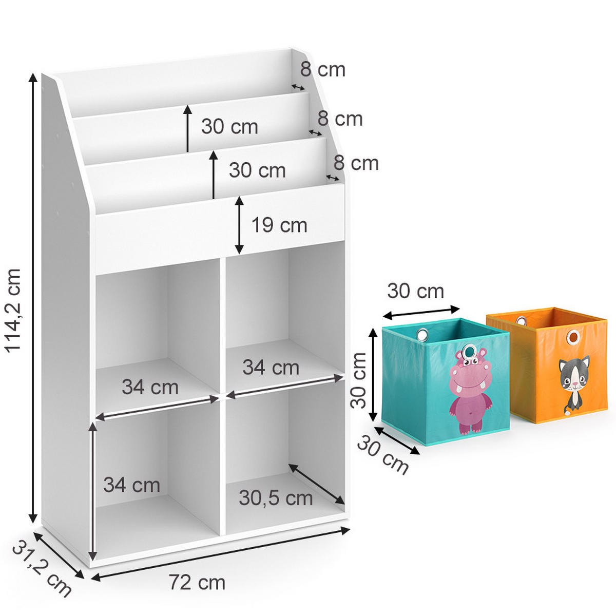 KINDERREGAL Luigi Weiß 72 x 114.2 cm mit 2 Faltboxen - Weiß, Holzwerkstoff (72/114.2/31.2cm) - Vicco