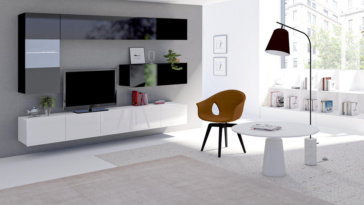 WOHNWAND Kossana 4 Modern Schwarz/Weiß 255/142/43 cm Modern Style - Schwarz/Weiß, Holzwerkstoff/Kunststoff (255/142/43cm) - AX Living