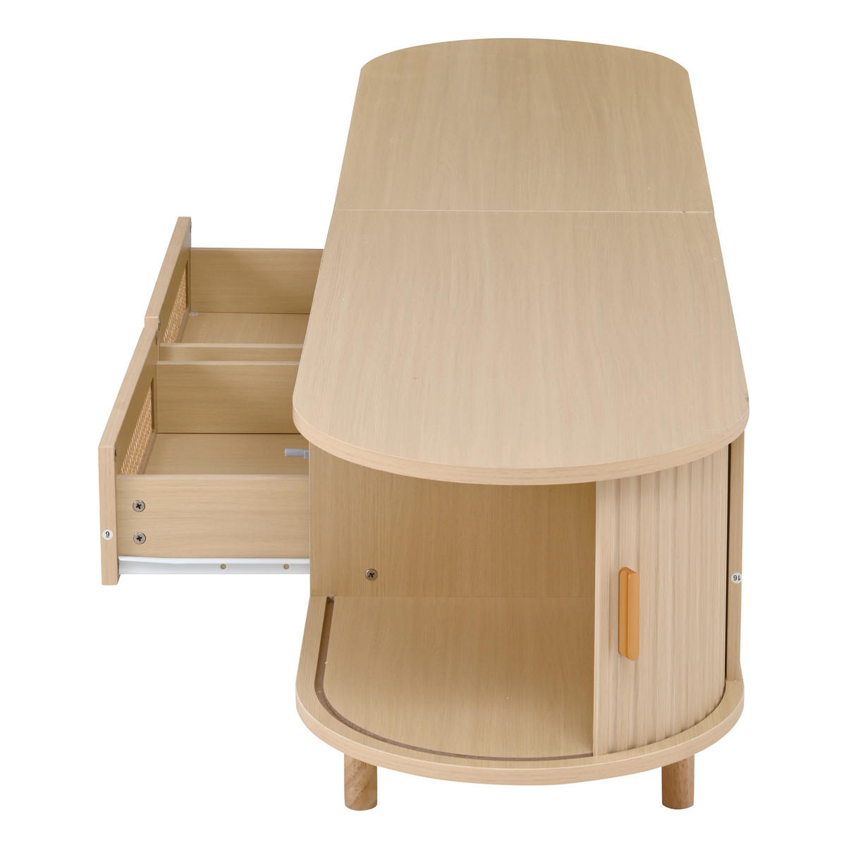 TV-BOARD aus MDF 170x40x40 cm Helles Eichenholz mit 2 Schubladen, 2 Schiebetüren und ovaler Form - Naturfarben, Holzwerkstoff (170/40/40cm) - Modfu