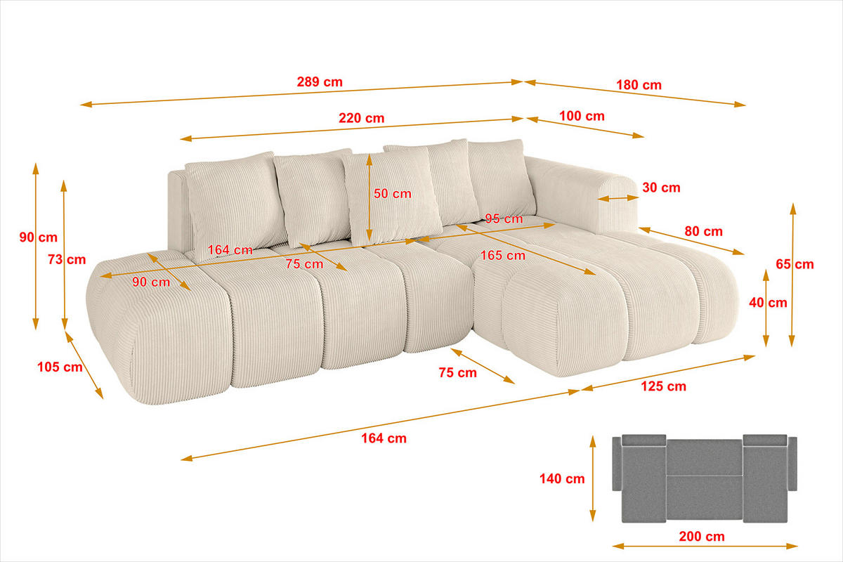 ECKSOFA Ottomane Rechts CLOUD-L-v1 289x180x40 Beige Cord - Beige, Holzwerkstoff/Kunststoff (289/180cm) - ALTDECOR