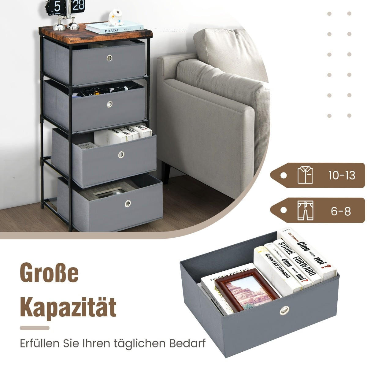 NACHTTISCH 4 Schubladen Stoffkommode 42 x 33,5 x 84,5 cm, Grau - Grau, Textil (42/84.5/33.5cm) - DESIGN IN