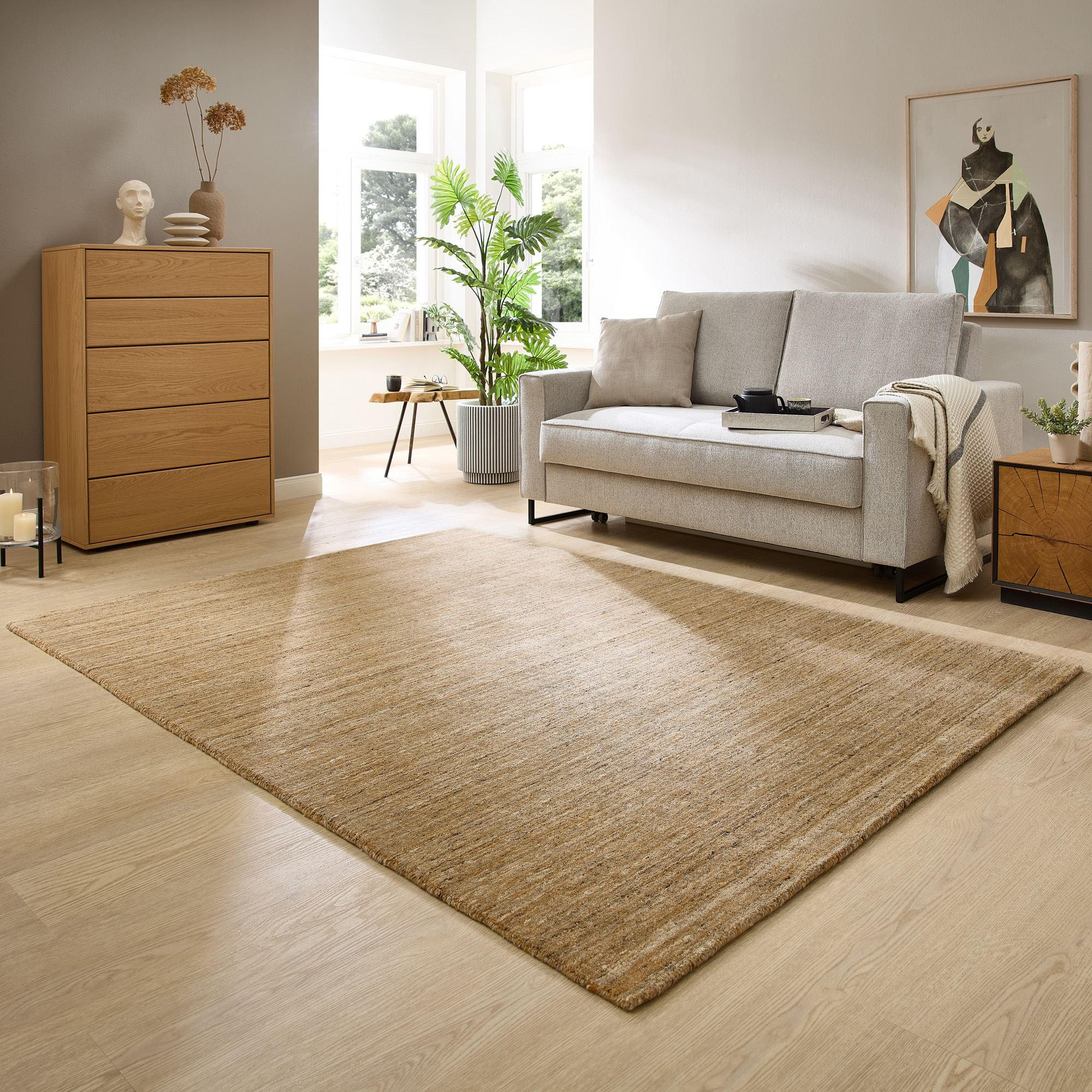 Thumbnail - Theko Handwebteppich, Currygelb, Textil, Uni, Rechteckig, 170x240 cm, antistatisch, Teppiche & Böden, Teppiche, Naturtep...