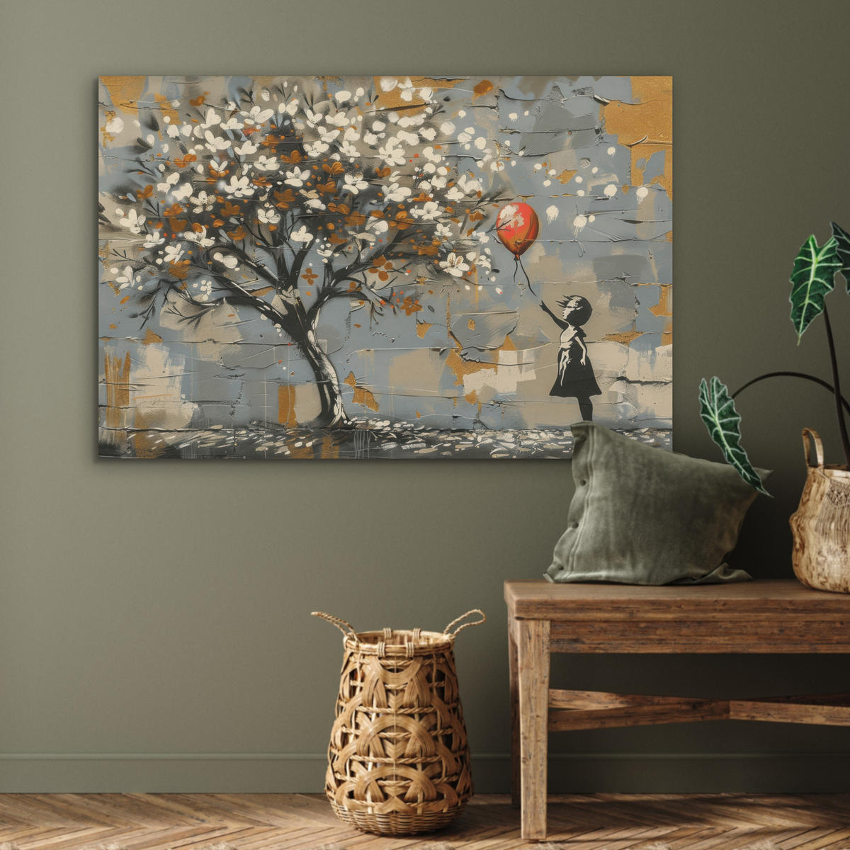 AKUSTIKBILD Baum - Graffiti - Banksy-Stil - Ballon-Mädchen Akustikpaneele 90x60 cm - Blaugrau, Kunststoff (90/60/0.9cm) - MuchoWow
