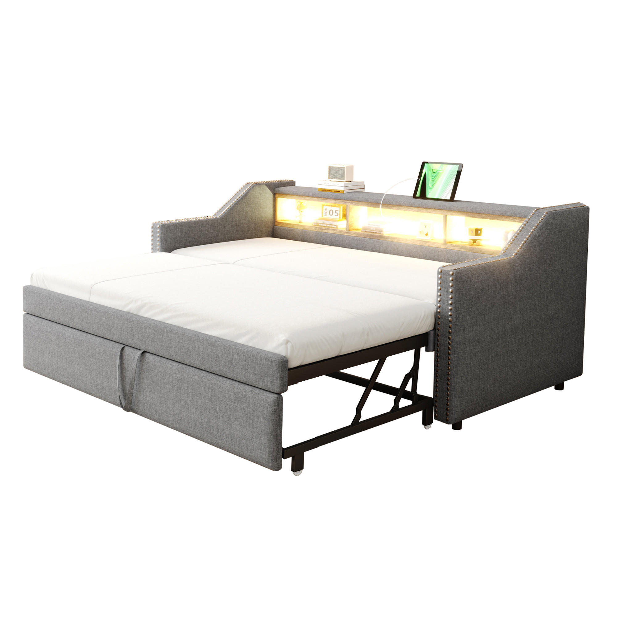MULTIFUNKTIONSBETT 90/190 cm und 180/190 cm Hellgrau mit LED-Beleuchtung und USB-Anschluss Mit Matratze - Hellgrau, Textil (90/190cm) - OKWISH