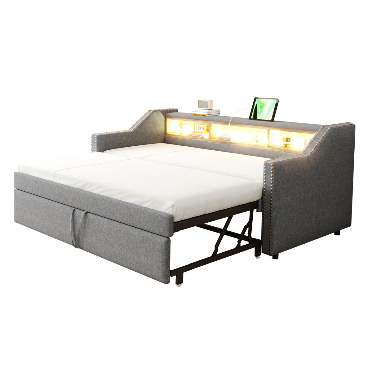 BETT Ausziehbar 90/190 cm mit LED-Beleuchtung & USB-Anschluss Hellgrau - Hellgrau, Textil (90/190cm) - OKWISH