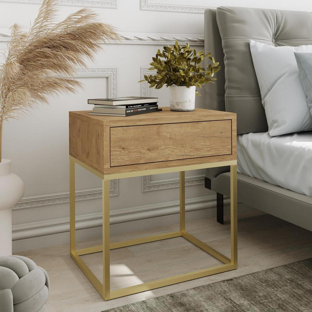 NACHTSCHRANK Kay 45/50/35 eiche Wotan - Eiche Wotan/Goldfarben, Holzwerkstoff/Metall (45/50/35cm) - Beautysofa