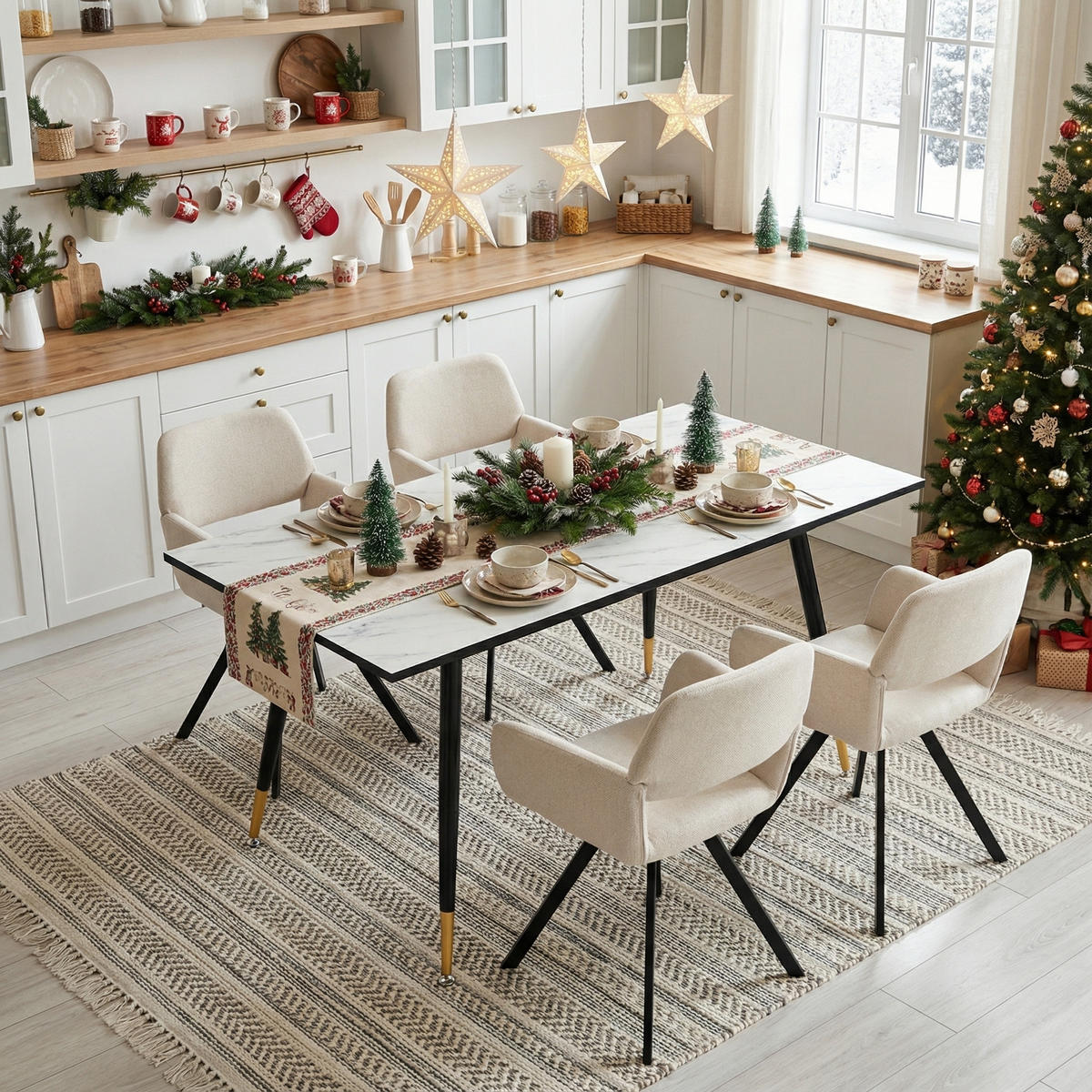 ESSZIMMER SET ausziehbarer Tisch und 4 drehbare Stühle mit beige Stoffbezug - Beige/Schwarz, Holzwerkstoff/Metall (80/75/160cm) - Urban Meuble