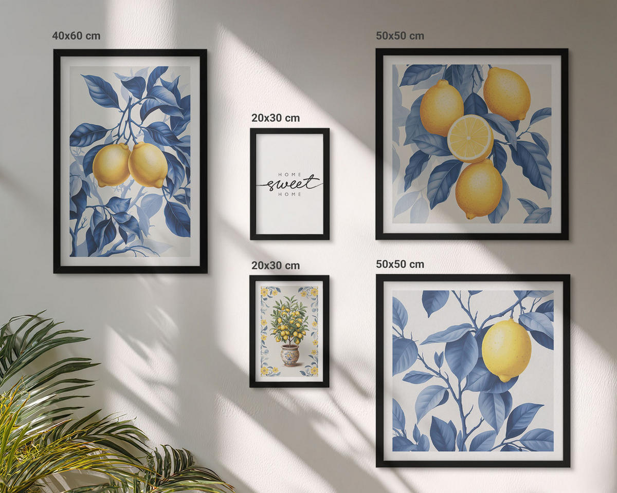 WANDBILDER 5er-Set - 50x50 cm & 20x30 cm & 40x60 cm Schwarzer Rahmen - Zitronenzweige mit blauen Blättern - Schwarz, Kunststoff (40/60cm) - ArtPrintCave