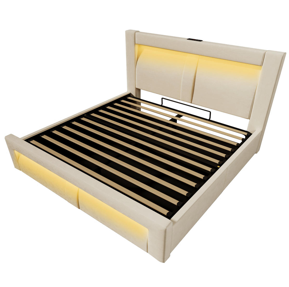 BETT mit Stauraum & LED 140x200 cm Samt Beige inkl. Matratze - Beige, Metall (140/200cm) - Meubliv