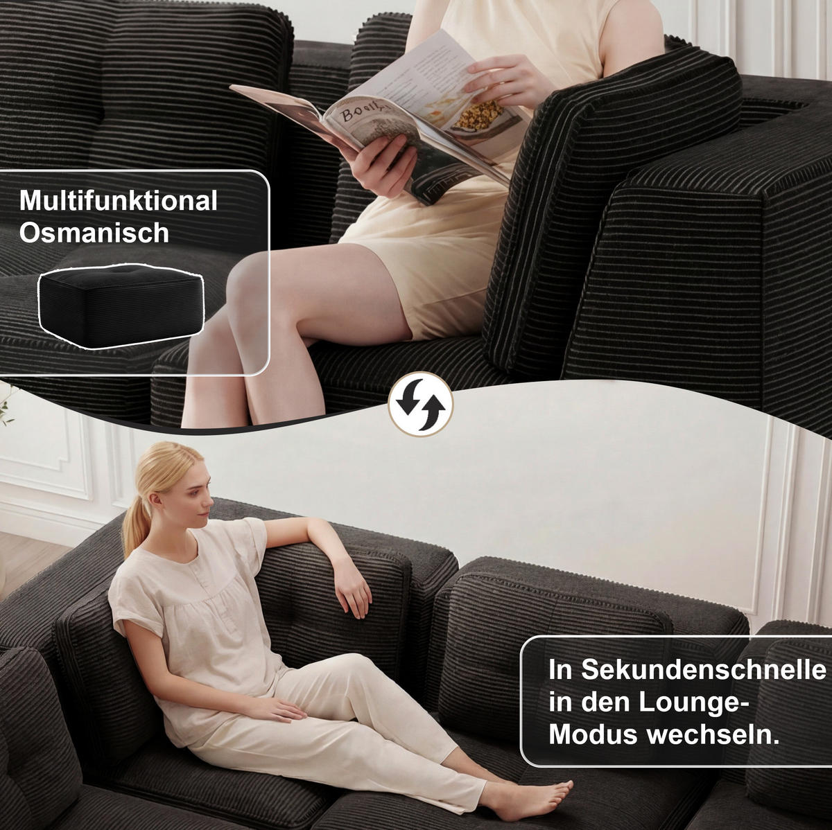 ECKSOFA 297/104/69 cm schwarz aus Cord mit modularem Design und ohne Montage - Schwarz, Textil (104/297cm) - OKWISH