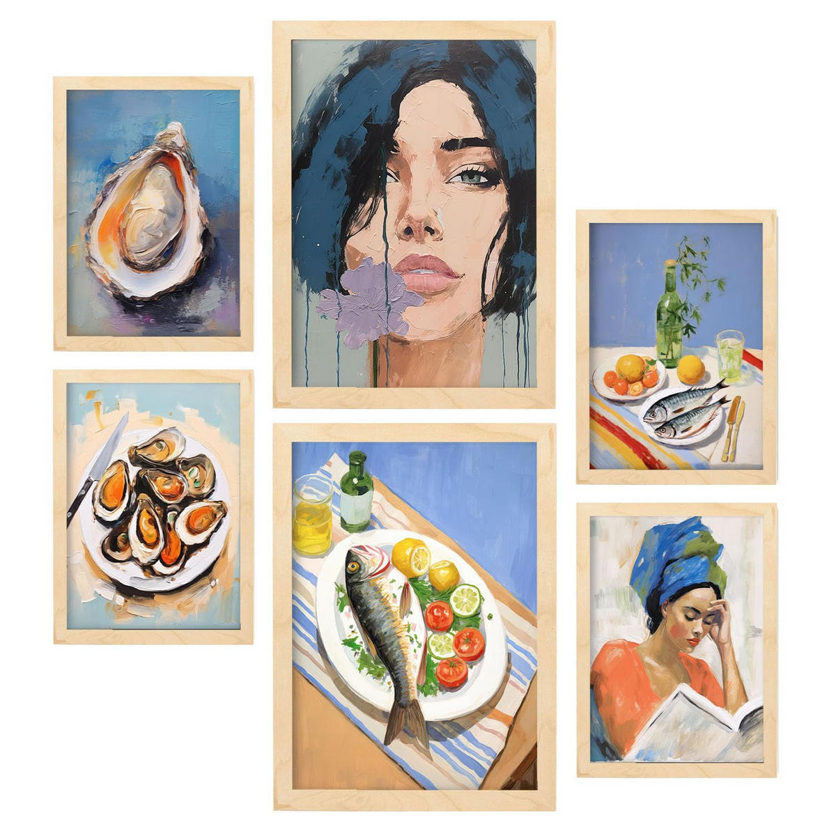 POSTER Set Mit 6 Meeresfutter A3 & A4 Rahmen Aus Hellem Holz - Beige, Papier (29/3cm) - Nacnic