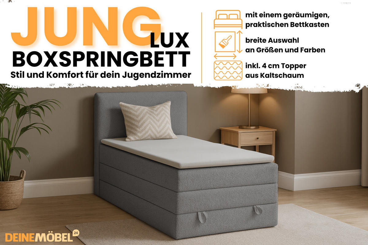 BOXBETT JUNG LUX 90/200 in Boucle Grau - Dunkelgrau, Holz/Holzwerkstoff (90/200cm) - Deine Möbel 24