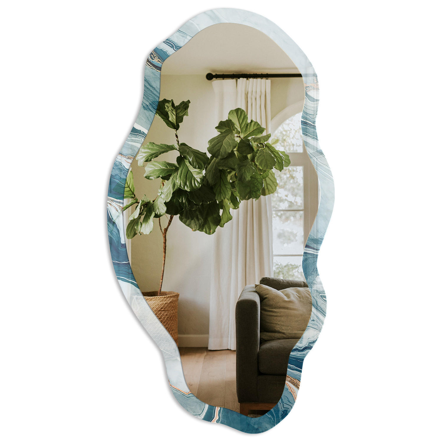 SPIEGEL 90x45 cm asymmetrisch mit Druck - Marmorwellen - Transparent, Glas (45/90/0.4cm) - TULUP