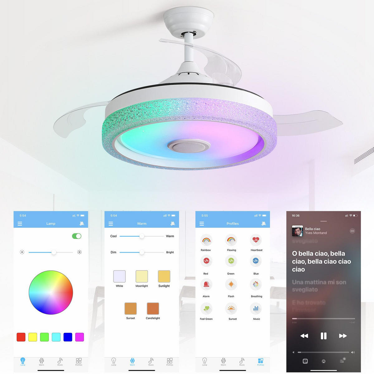 DECKENVENTILATOR 42" mit RGB LED Dimmbar & Bluetooth Lautsprecher - Weiß, Kunststoff (107/107/47cm) - BEXEVUE