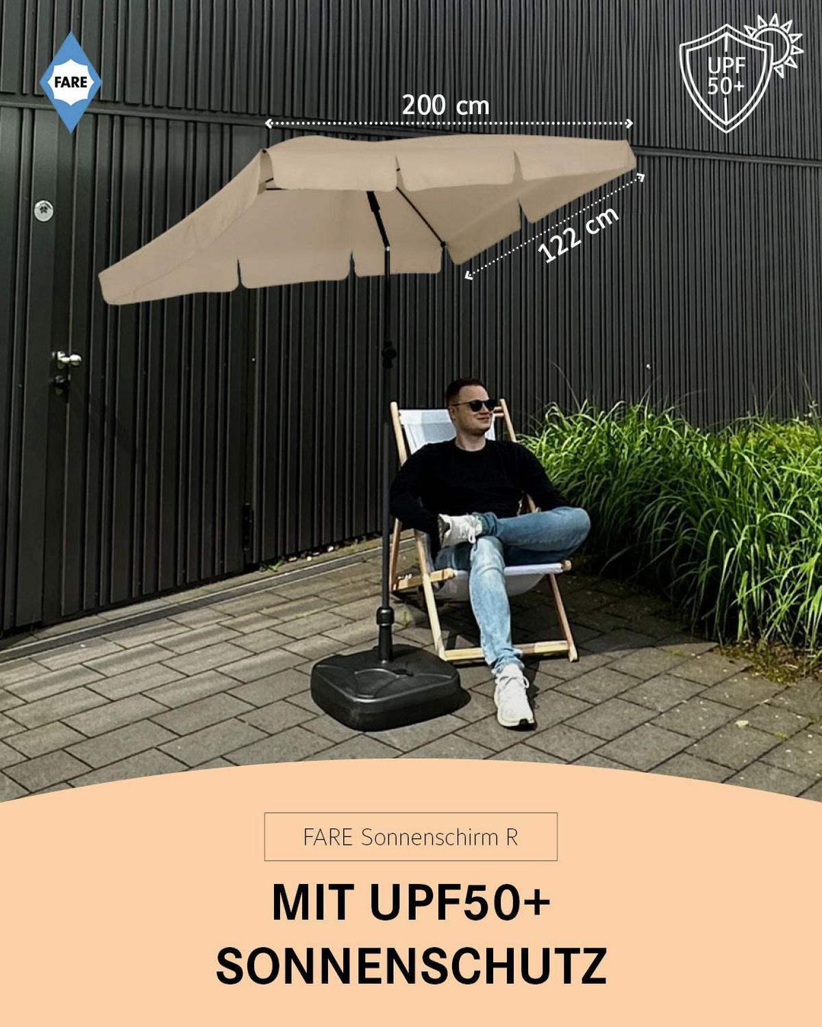SONNENSCHIRM 122/200/126 cm - Beige, Kunststoff (200/122cm) - FARE