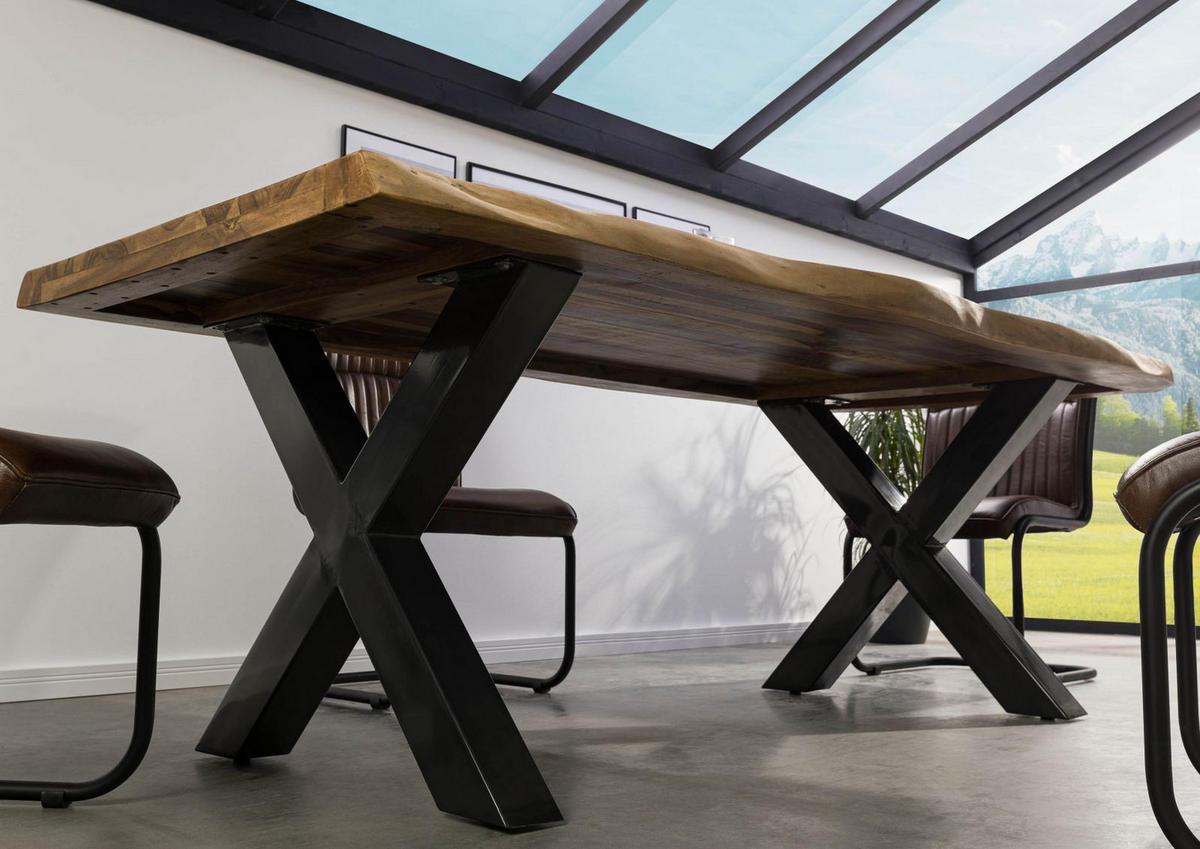BAUMTISCH Sheesham 240x100x77 natur gebeizt / X-Beine anthrazit glänzend FREEFORM 5 - Braun, Holz (100/240/77cm) - Massivmoebel24
