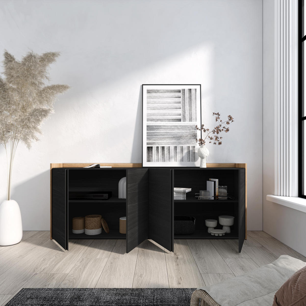 SIDEBOARD, 4 Türen, Schwarz und Eiche, 207/35/80cm - Schwarz, Holzwerkstoff (207/80/35cm) - Skraut Home