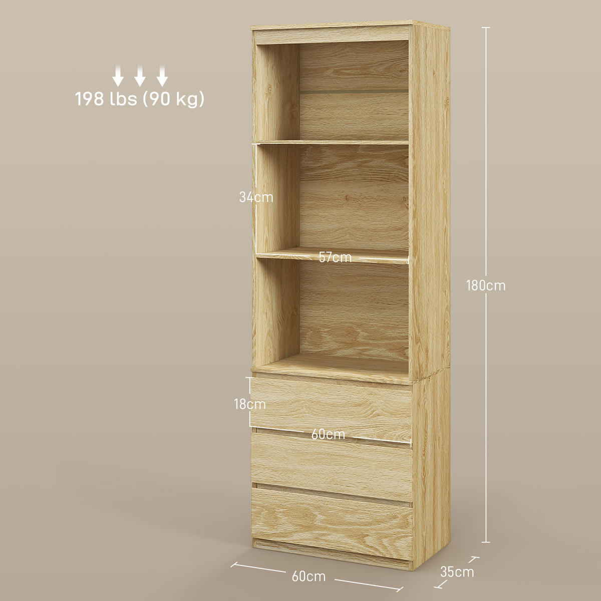 AKTENREGAL DE-14433 180 cm, 3 Böden und 3 Schubladen Holzoptik - Naturfarben, Holzwerkstoff (35/180/60cm) - ComfortXL