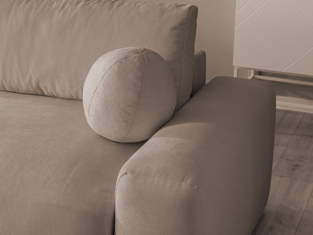 ECKSOFA Puffy mit Schlaffunktion und Bettkasten - besonders weich und puffig aus Greige Webstoff - Ottomane links - Greige/Schwarz, Holz/Kunststoff (138/266cm) - S-Style Möbel